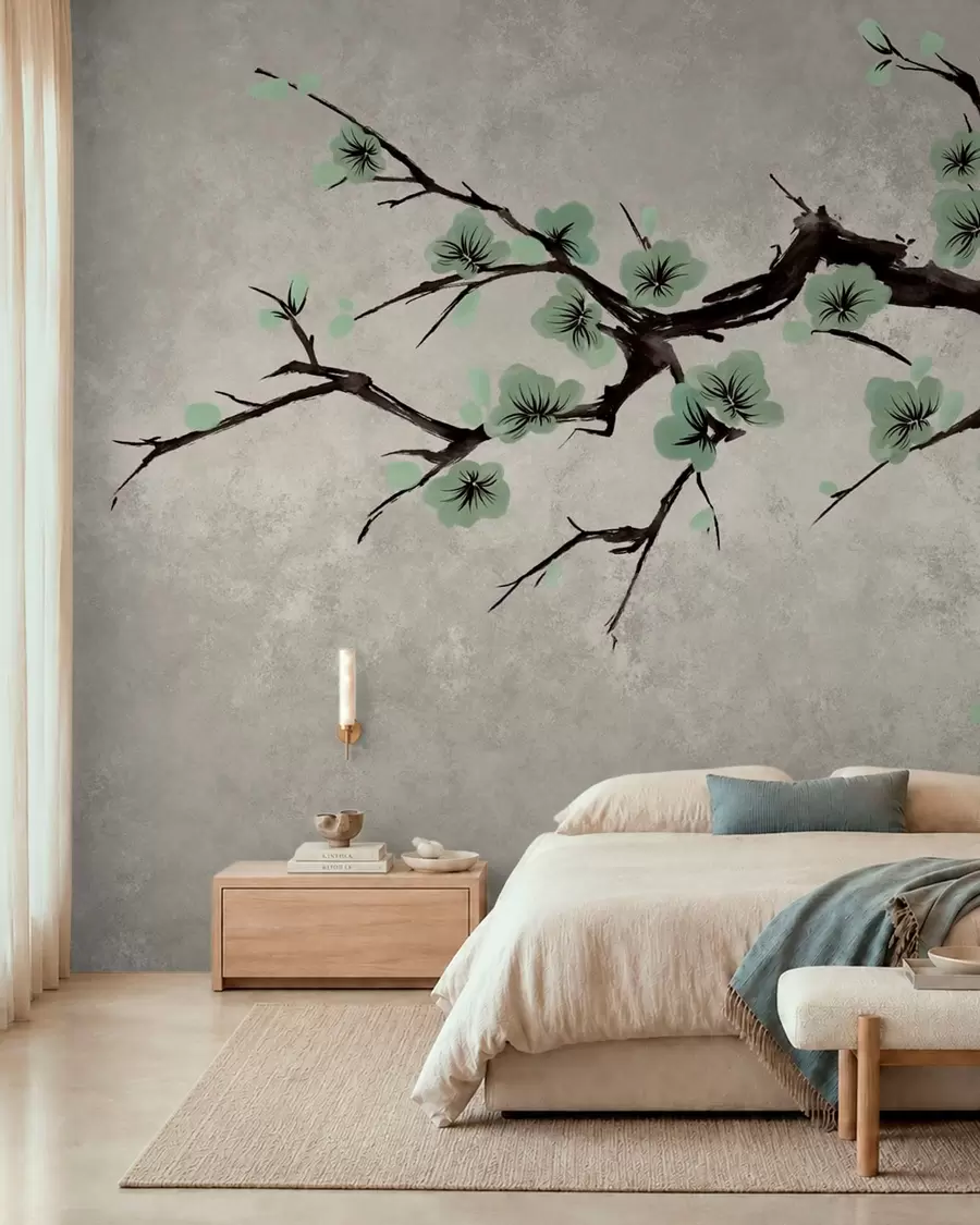 murales de pared Rama con flores verdes en tonos suaves w05425v2