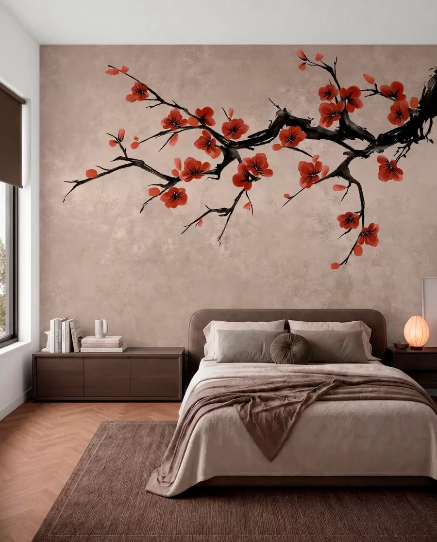 murales de pared Rama con flores de estilo oriental sobre fondo beige w05425v4