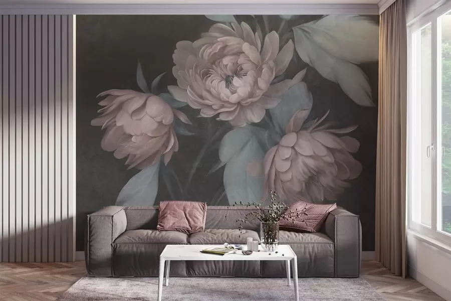 murales de pared Flores de peonía de color rosa claro con textura y hojas de un verde apagado sobre un fondo oscuro w09751v1