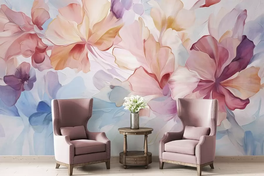 murales de pared Flores abstractas de fantasía en tonos rosa, melocotón y lavanda, en estilo pictórico y con textura w09767