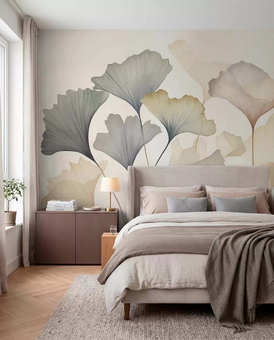 murales de pared Hoja de ginkgo abstracta en tonos pastel apagados, como el azul, el verde y el melocotón; obra de arte con textura w09810