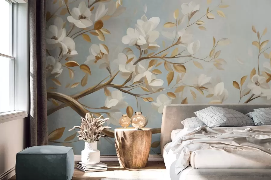 murales de pared Rama de árbol con textura, flores blancas y hojas amarillas, estilo vintage w09814