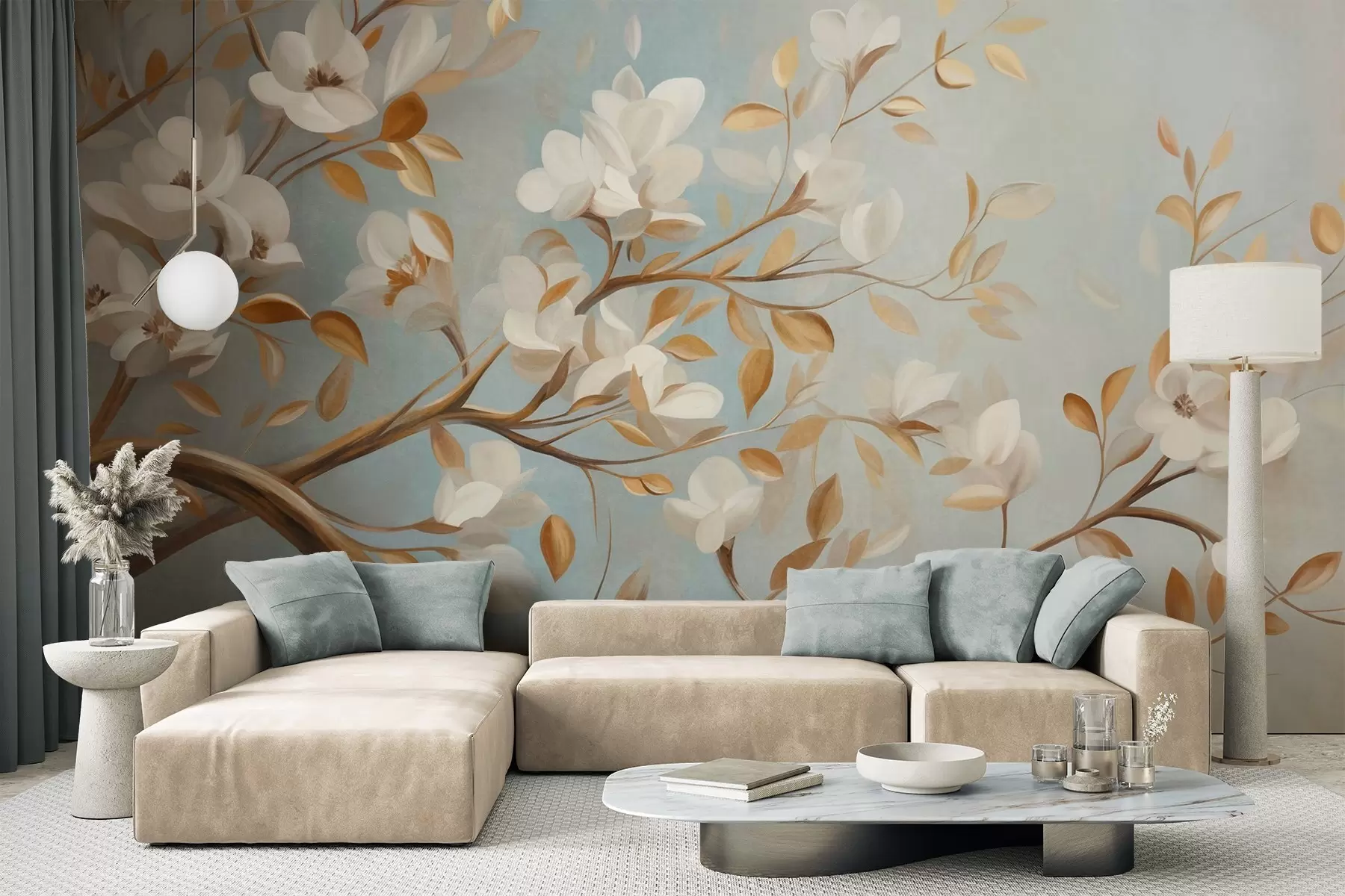 murales de pared Rama de árbol con textura, flores blancas y hojas amarillas, estilo vintage w09814