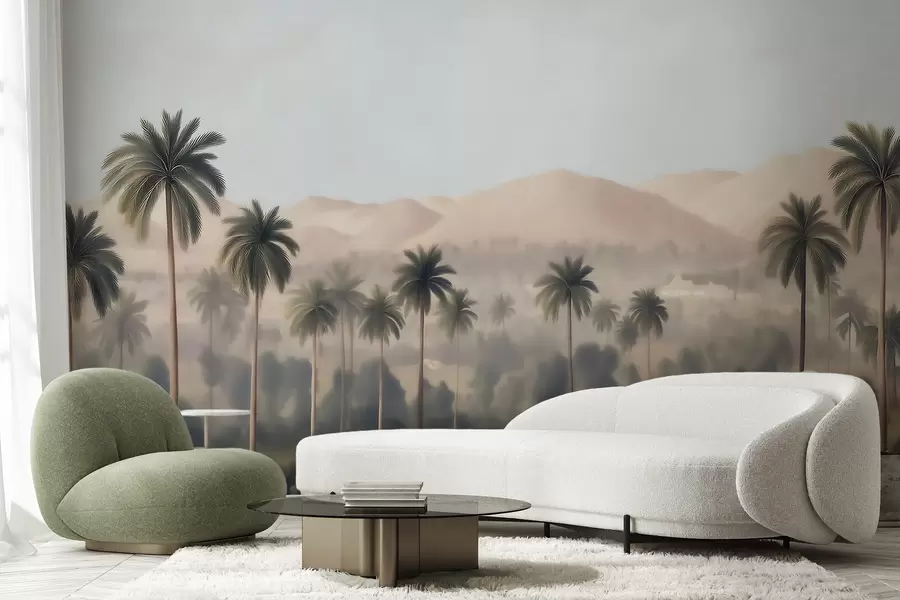 murales de pared Paisaje tropical con palmeras y montañas, panorámica de estilo vintage en tonos beige y verdes w09798