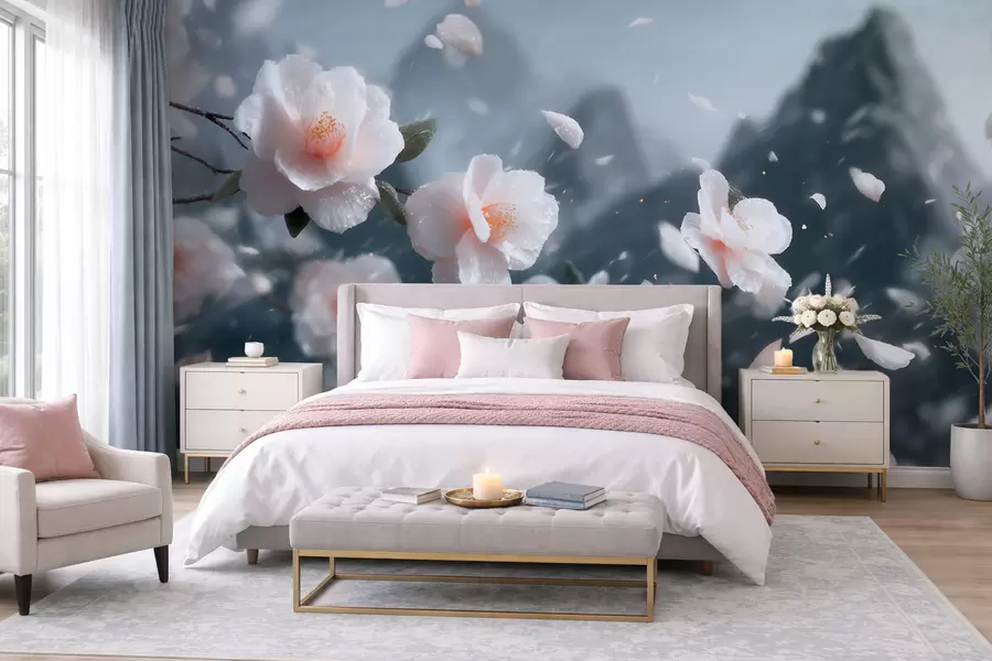 murales de pared Delicadas flores de cerezo con las montañas de fondo; evocador paisaje japonés en tonos pastel w09808