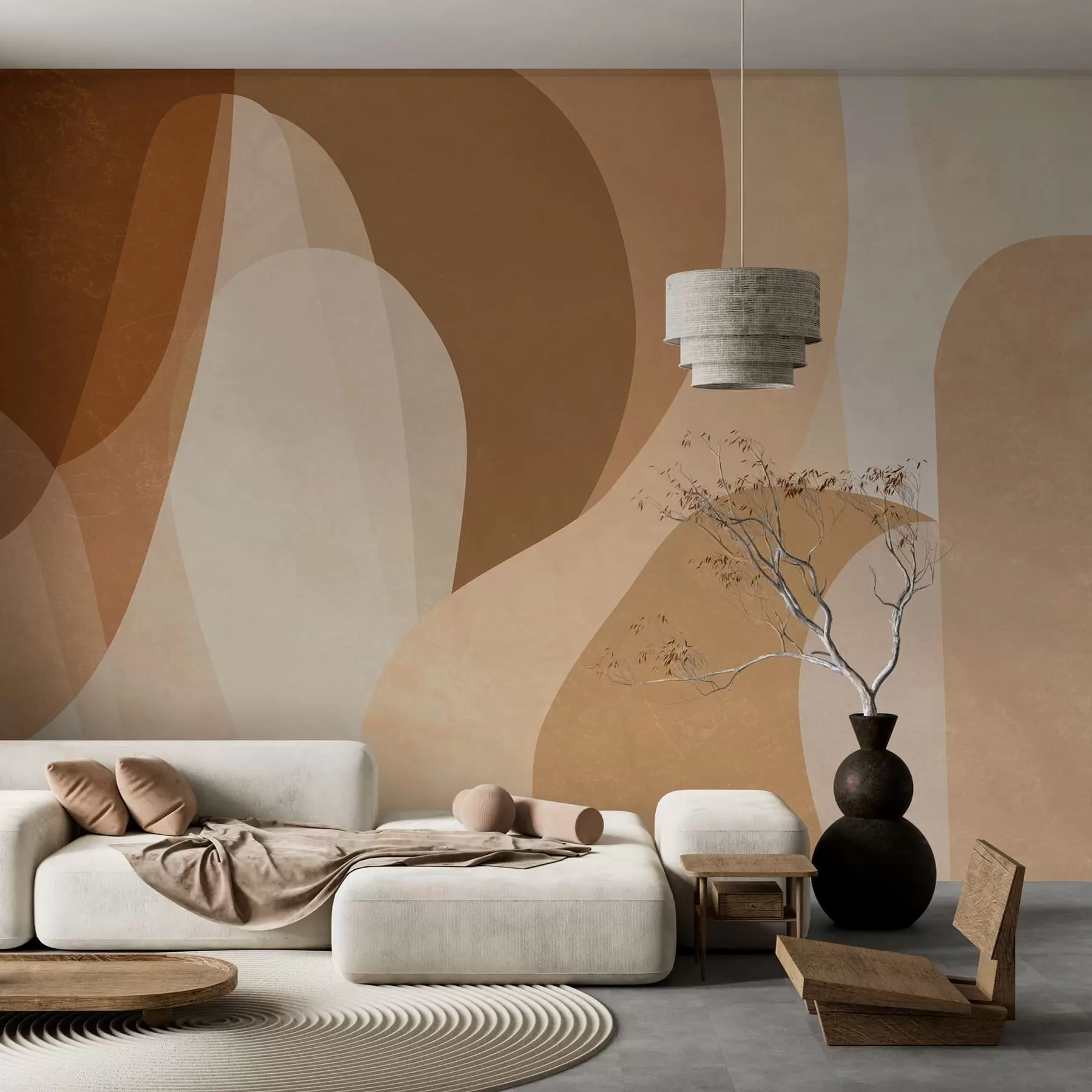 murales de pared curvas abstractas en tonos marrones, beige y rojizos w05387