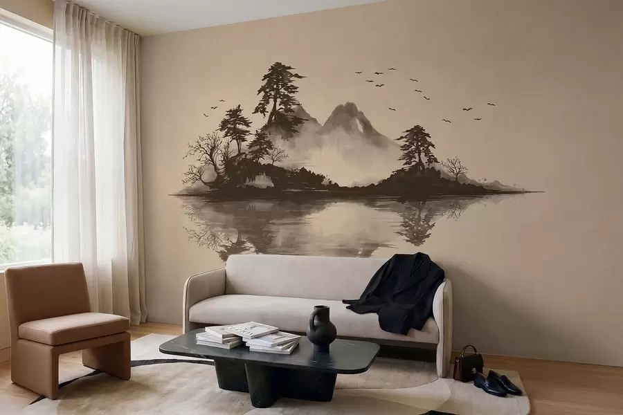murales de pared Paisaje montañoso en estilo sumi-e con pinos y reflejos w05124