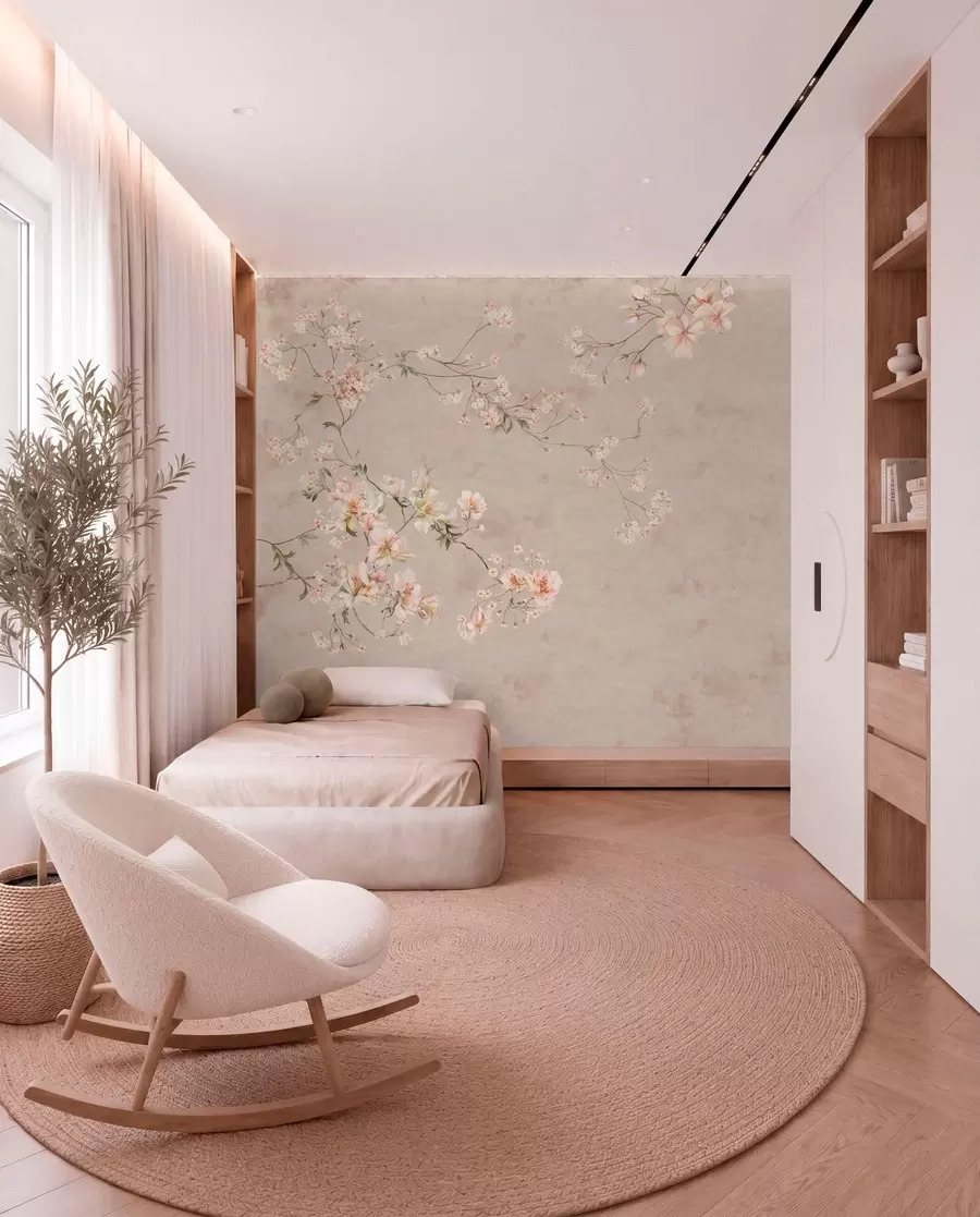 murales de pared Ramas florales delicadas de estilo chinoiserie sobre fondo claro w05427