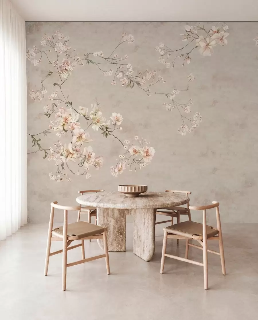 murales de pared Ramas florales delicadas de estilo chinoiserie sobre fondo claro w05427