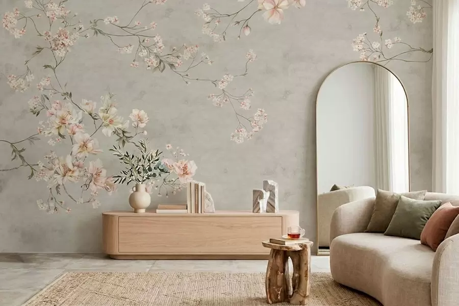murales de pared Ramas florales de estilo chinoiserie sobre fondo gris w05427v1