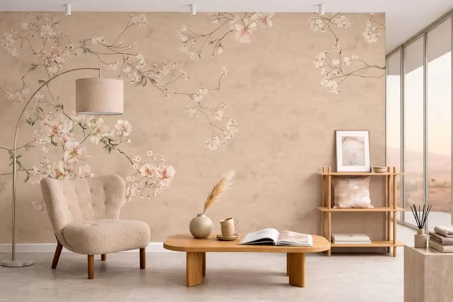 murales de pared Ramas florales de estilo chinoiserie sobre un fondo beige cálido w05427v2