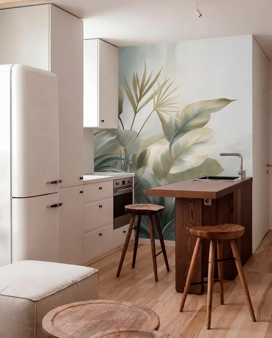 murales de pared Hojas tropicales grandes y con textura en tonos apagados de verde y beige, un ambiente selvático w09820