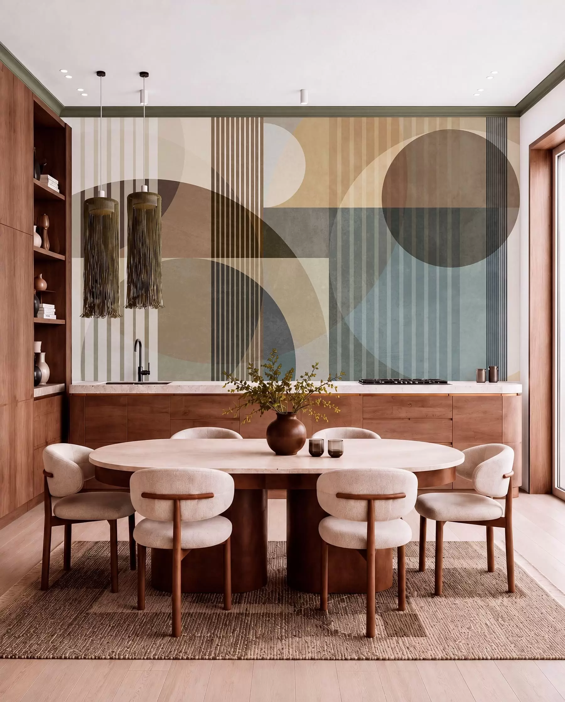 murales de pared Formas geométricas abstractas con círculos y líneas, tonos tierra apagados, composición con texturas y capas w09834