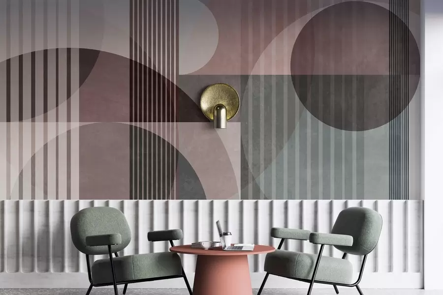 murales de pared Formas geométricas abstractas con círculos y líneas, tonos apagados, textura y composición en capas w09834v1