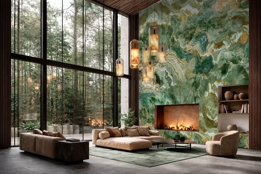 murales de pared Textura de ónix verde con vetas fluidas en capas w05429