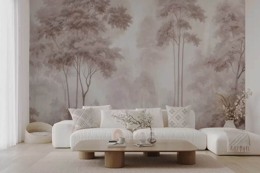 murales de pared Paisaje forestal abstracto en tonos beige ahumados que transmite una sensación de profundidad w09657