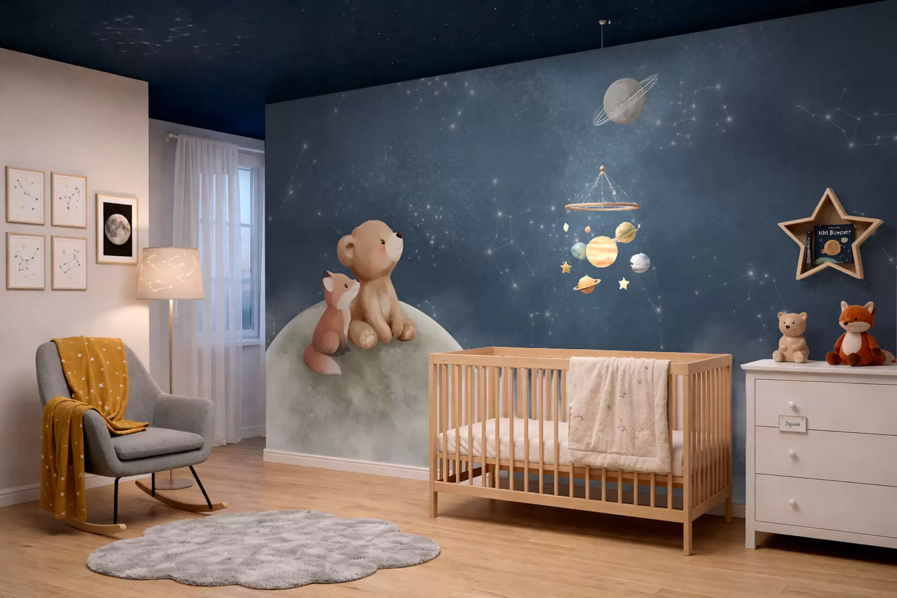 murales de pared Ilustración en tonos pastel de un oso y un zorro bajo el cielo nocturno w05431