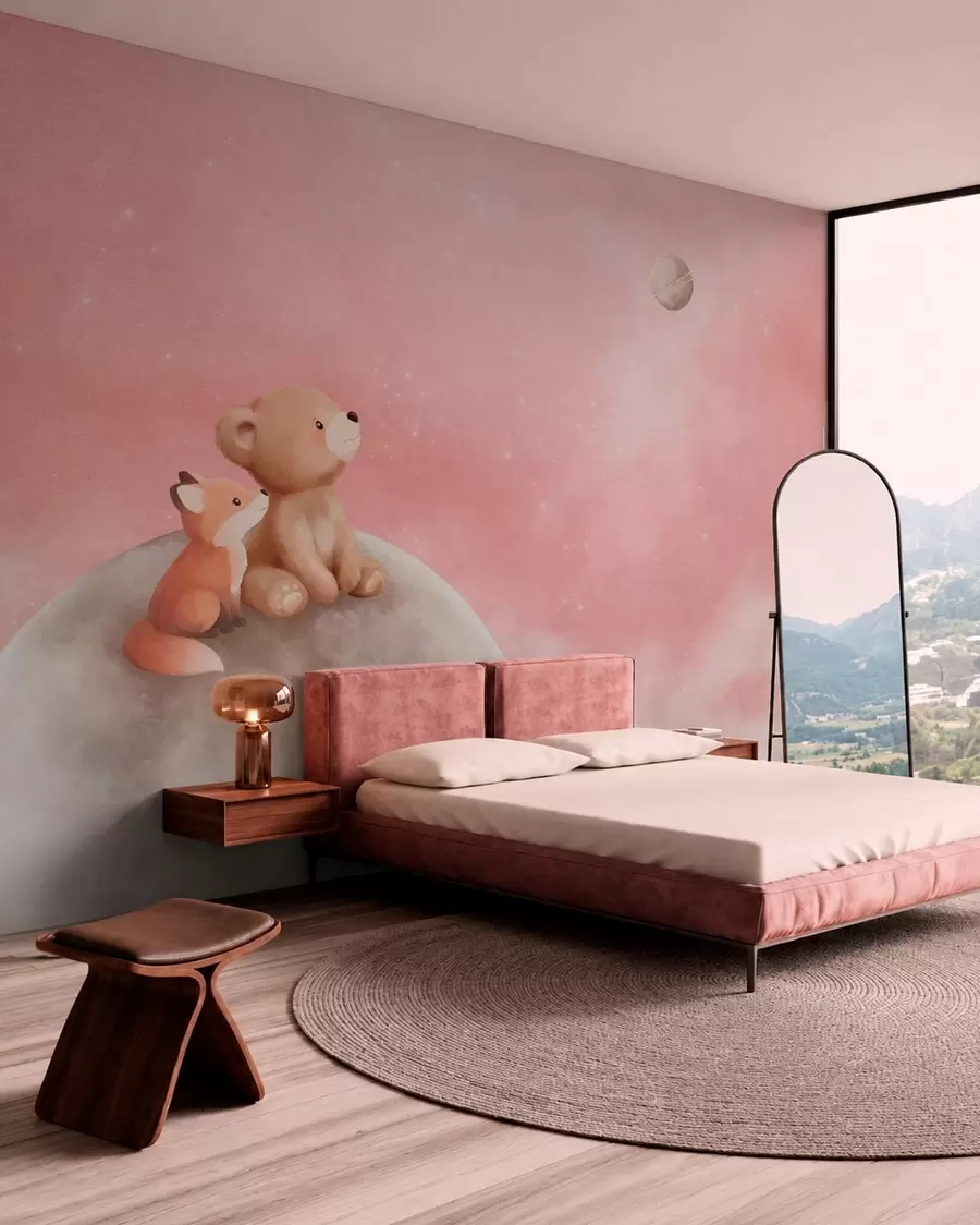 murales de pared Ilustración al pastel de un oso y un zorro bajo un cielo rosa con la luna w05431v2