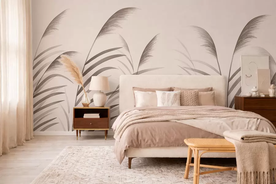 murales de pared Siluetas minimalistas de caña en tonos beige w05432