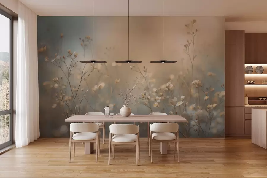 murales de pared hierbas de campo con flores pequeñas, con una profundidad de campo reducida w05386