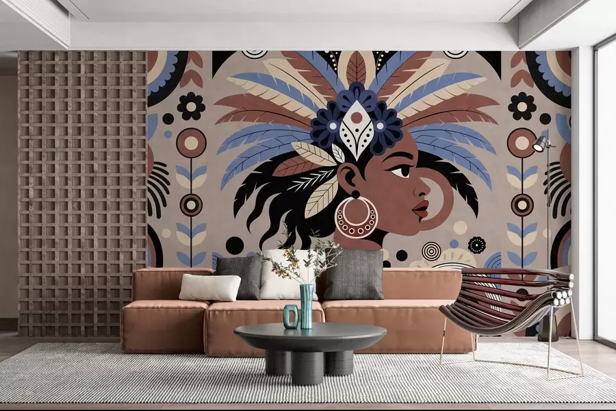murales de pared un elegante diseño de inspiración africana en tonos azules y marrón chocolate w05389