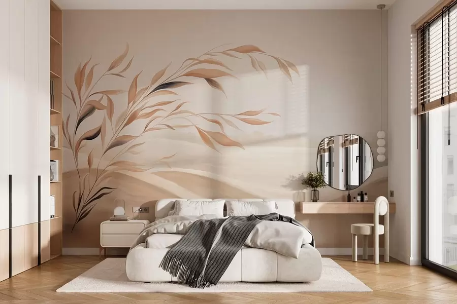 murales de pared Un paisaje apacible con una rama sobre las colinas, en tonos beige claro w05297