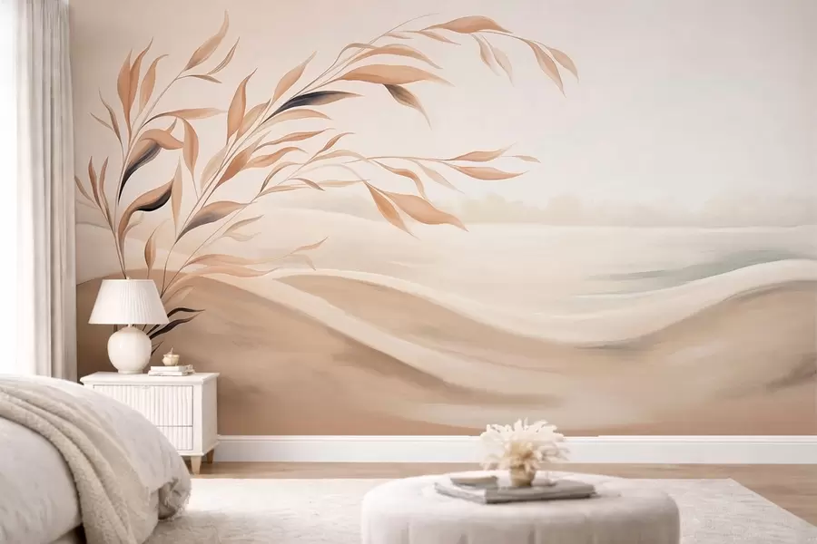 murales de pared Un paisaje apacible con una rama sobre las colinas, en tonos beige claro w05297