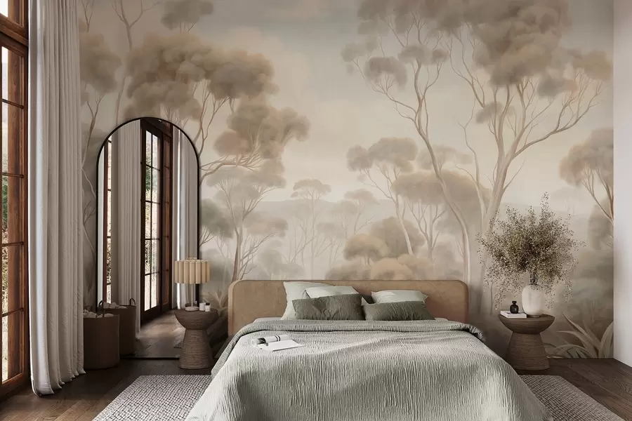 murales de pared Un paisaje boscoso envuelto en niebla con altos eucaliptos, colinas onduladas bajo un cielo nublado; obra de arte con textura w09822