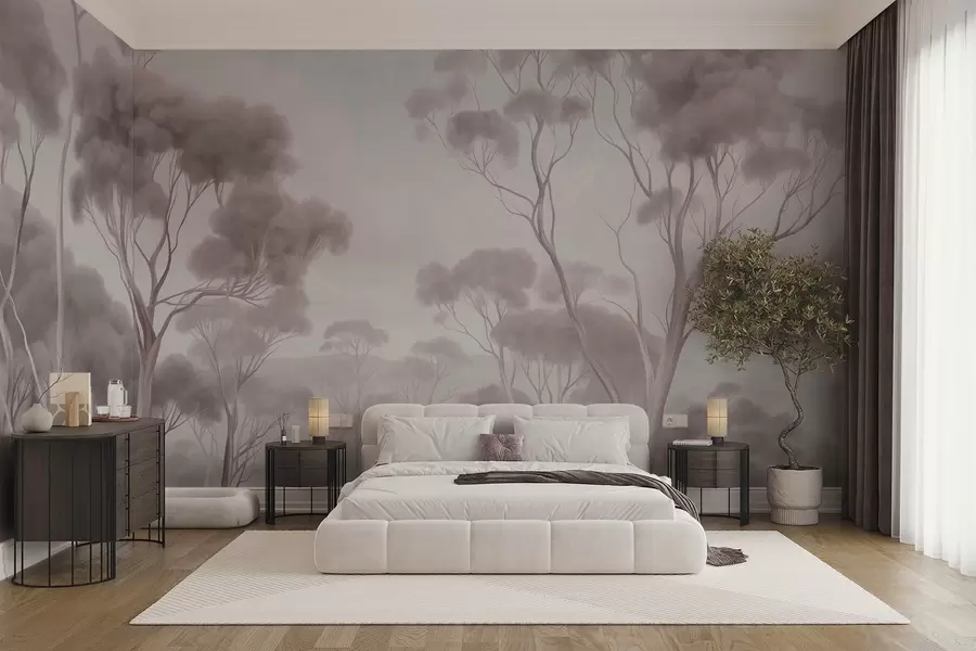 murales de pared Un paisaje boscoso envuelto en niebla con altos eucaliptos, colinas onduladas bajo un cielo nublado; obra de arte con textura w09822v1