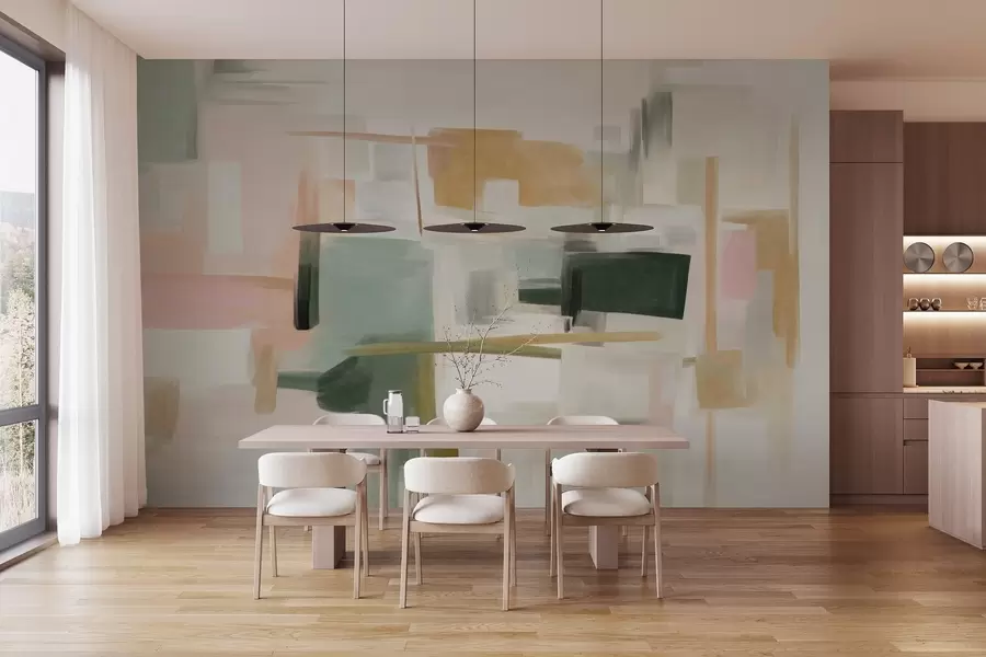 murales de pared Estilo pictórico minimalista abstracto con suaves tonos pastel, formas geométricas y líneas w09828