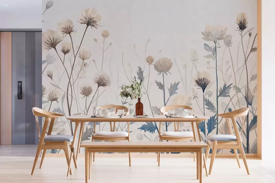 murales de pared Hierbas y flores silvestres pintadas en un estilo paisajístico sobre un fondo claro w05563