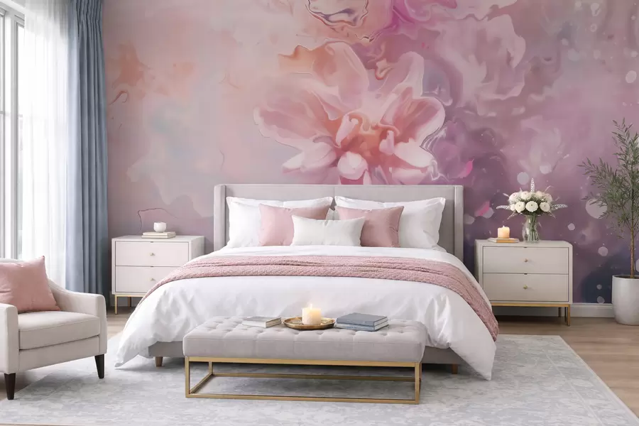 murales de pared Una composición abstracta con una flor y suaves tonos rosados en estilo acuarela w09859