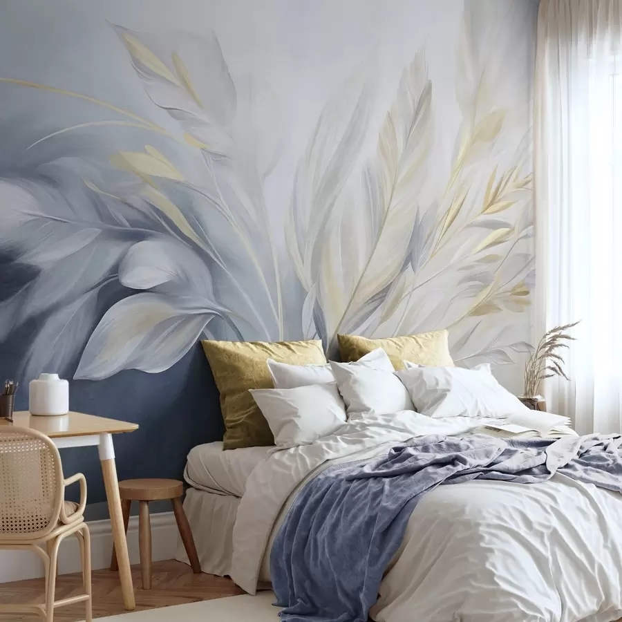 murales de pared Plumas con textura y detalles en amarillo, sobre un fondo suave de azul claro y blanco w09826