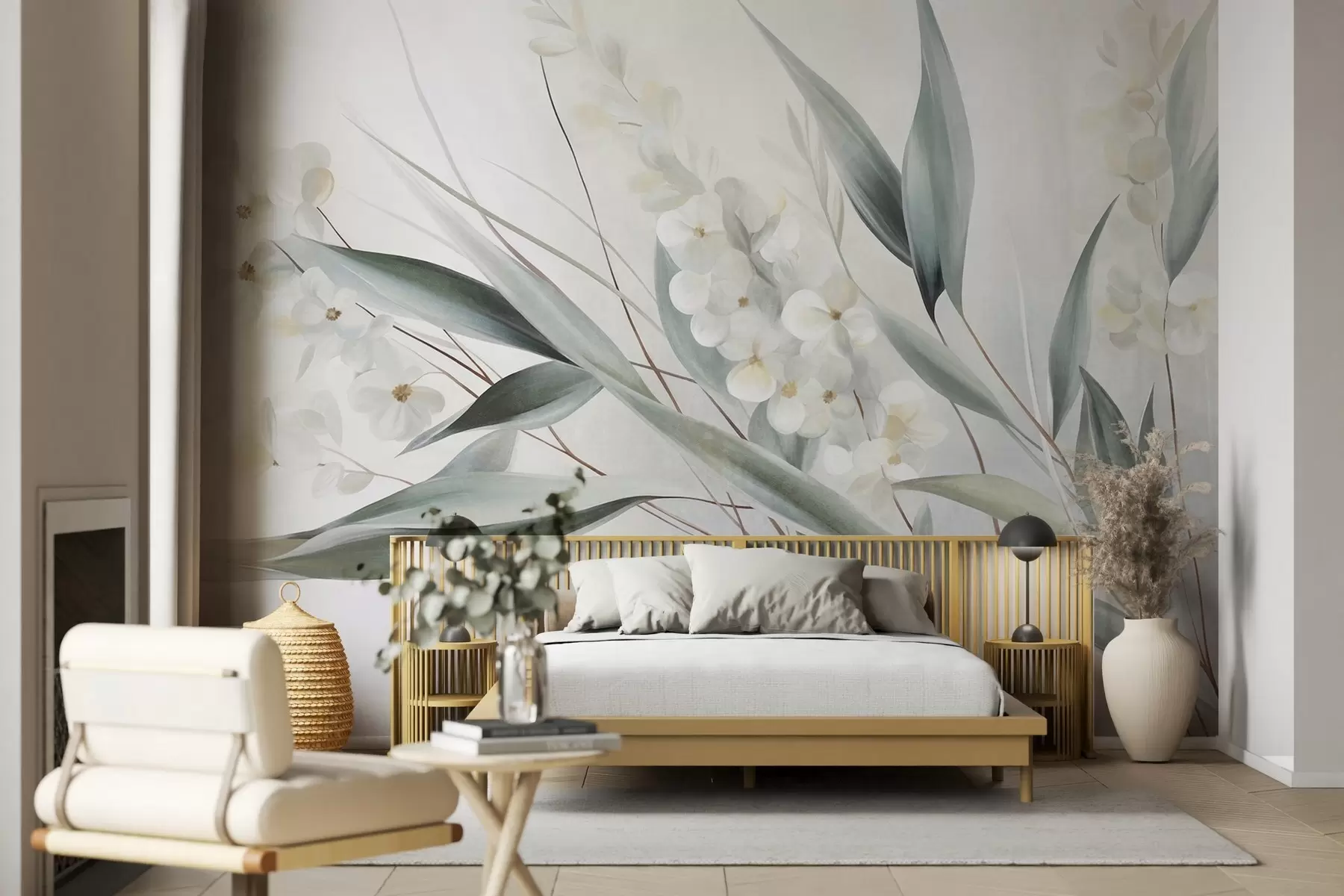murales de pared Flores delicadas y largas hojas verdes en un estilo pictórico con sutiles pinceladas, obra de arte con textura w09827