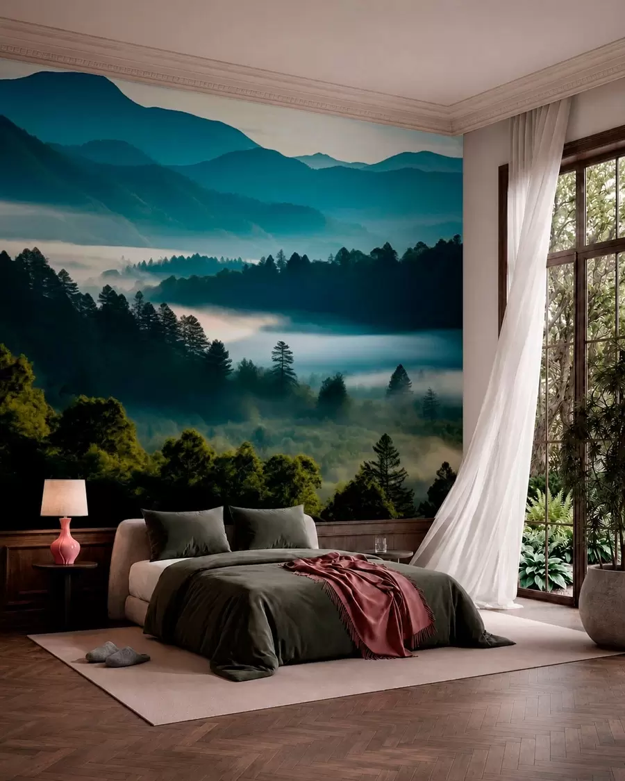 murales de pared Paisaje montañoso con niebla y bosques al amanecer w05573