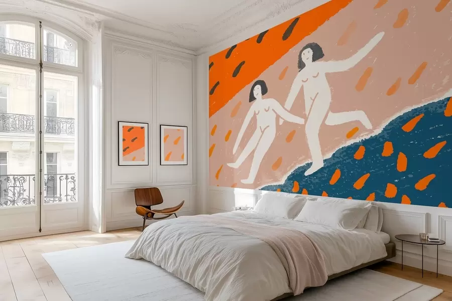 murales de pared arte contemporáneo: dos mujeres corriendo por la costa w05564