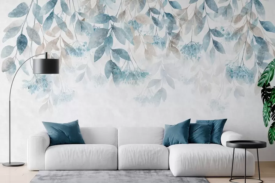 murales de pared hojas con textura que caen en cascada, con flores en tonos turquesa y beige w05565