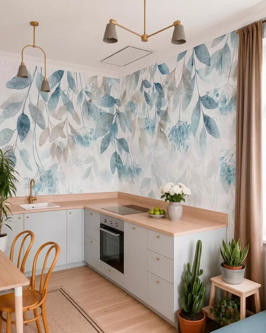 murales de pared hojas con textura que caen en cascada, con flores en tonos turquesa y beige w05565