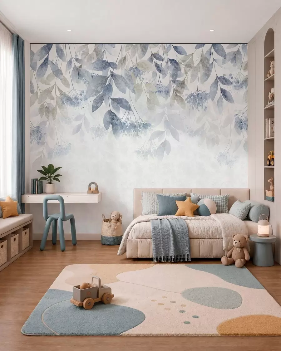 murales de pared Cascada de hojas azul denim w05565v1