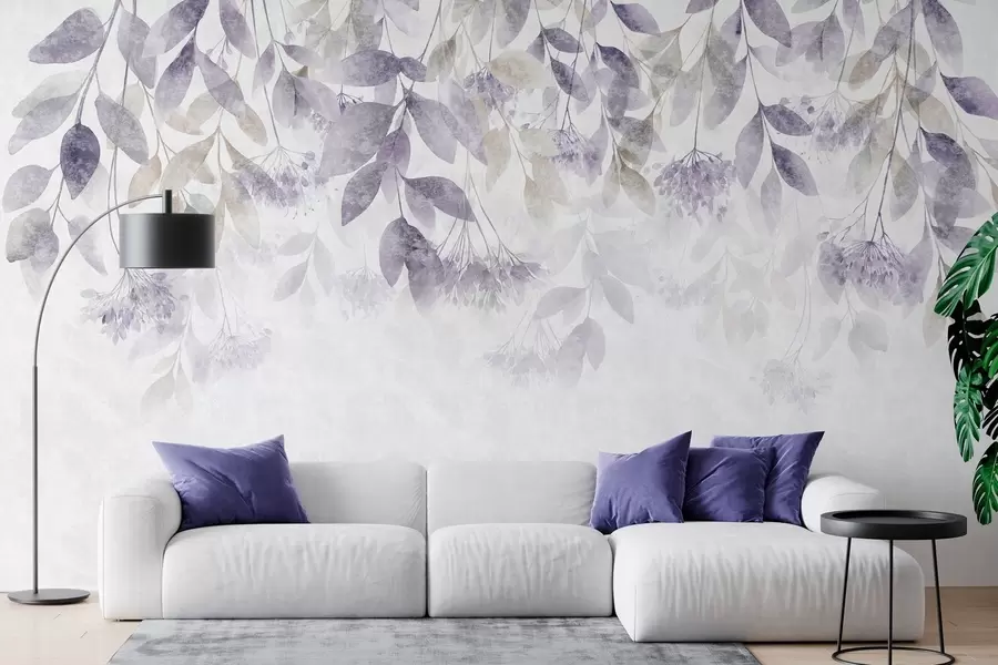 murales de pared hojas con textura y en cascada, con flores en tonos morados y beige w05565v3