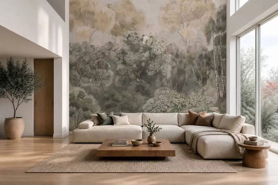 murales de pared Paisaje forestal con un río y árboles frondosos w05542v1