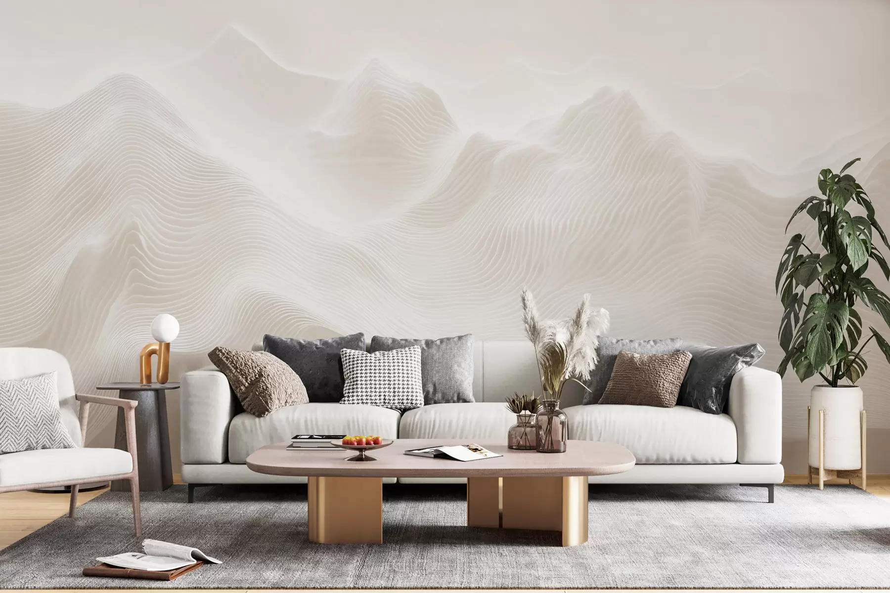 murales de pared Montañas onduladas abstractas en tonos beige, de estilo minimalista w09713