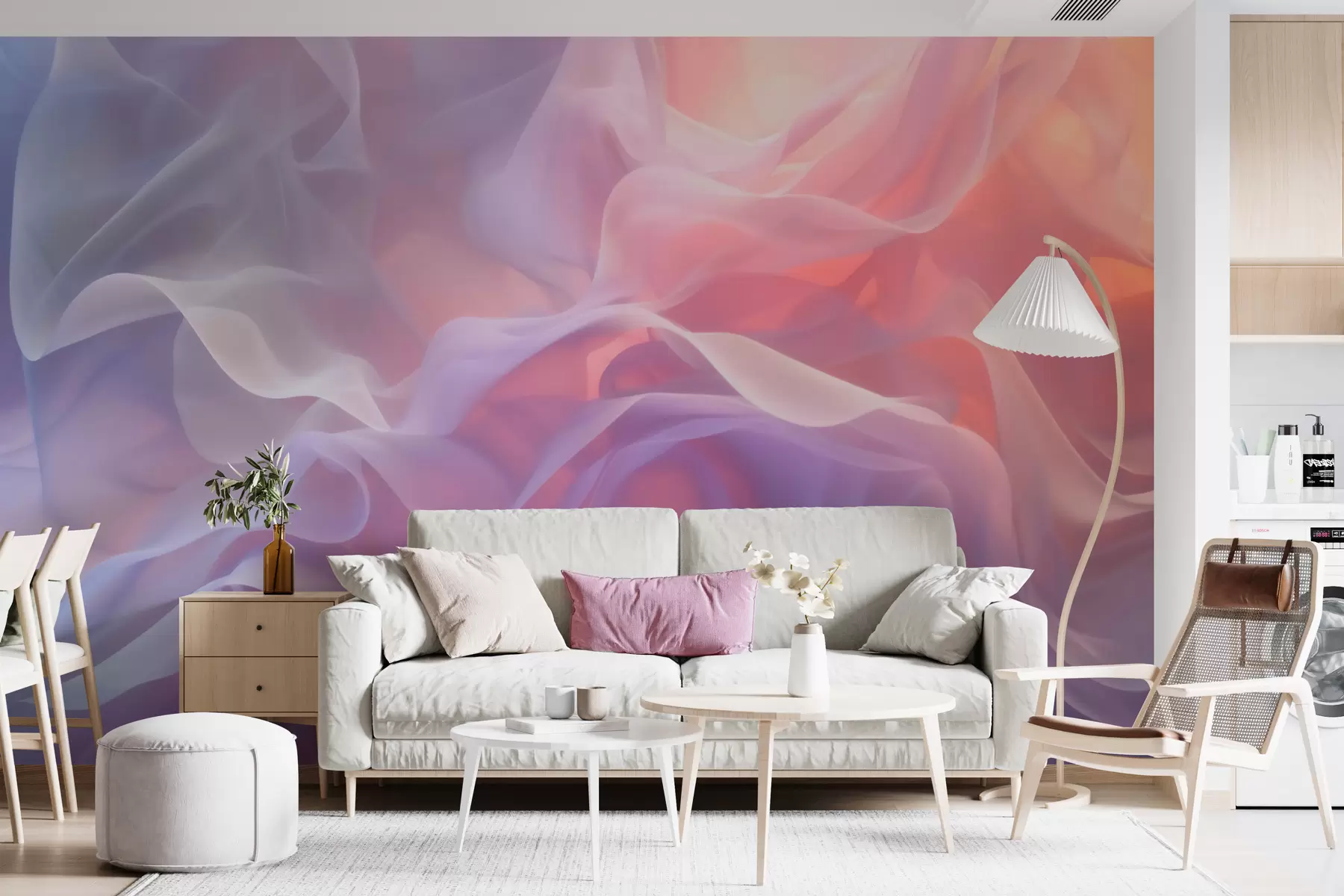 murales de pared Una abstracción etérea con ondas translúcidas en una paleta de tonos rosa y lila w09851