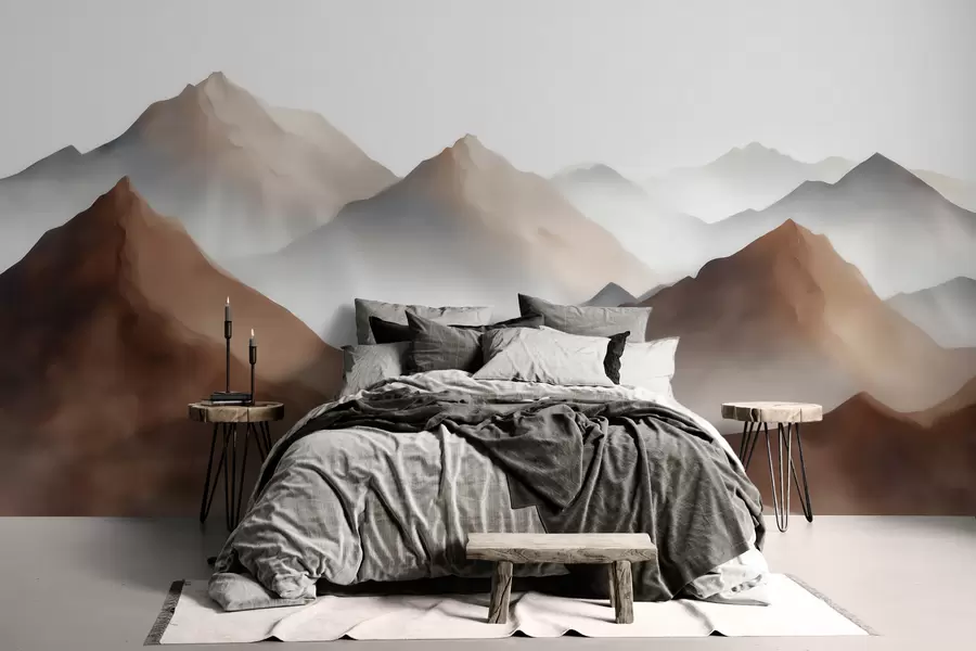 murales de pared Cumbres brumosas en tonos beige y marrón, con un estilo de acuarela w09857