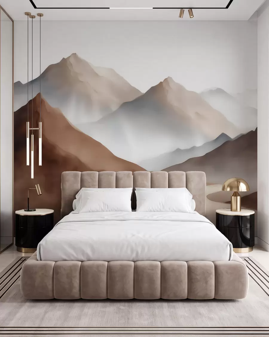 murales de pared Cumbres brumosas en tonos beige y marrón, con un estilo de acuarela w09857
