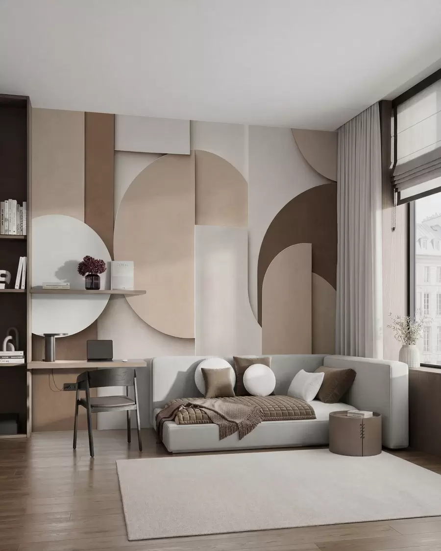 murales de pared Formas geométricas en beige con textura en una composición tridimensional en capas; obra de arte minimalista y moderna para la pared w05598