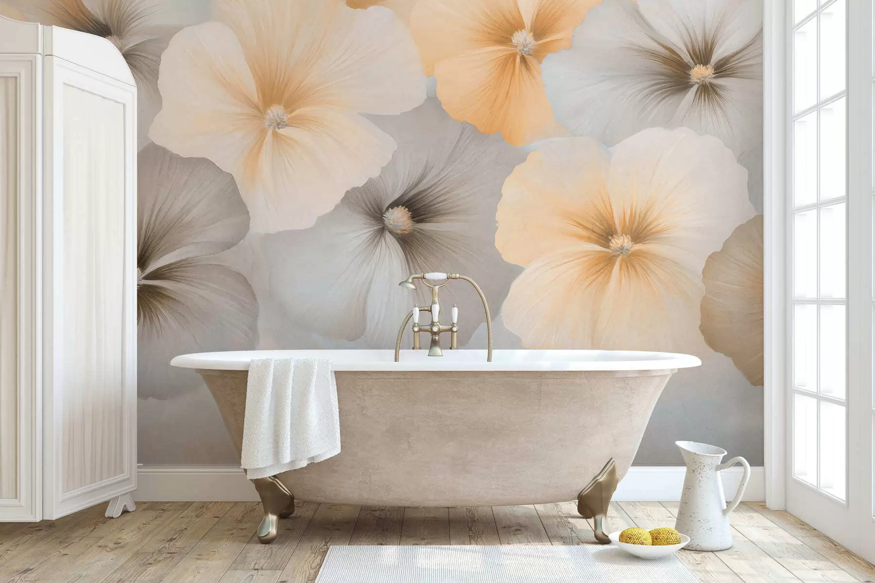 murales de pared Flores en tonos pastel suaves, con matices de amarillo cremoso y gris, sobre un fondo delicado w05600