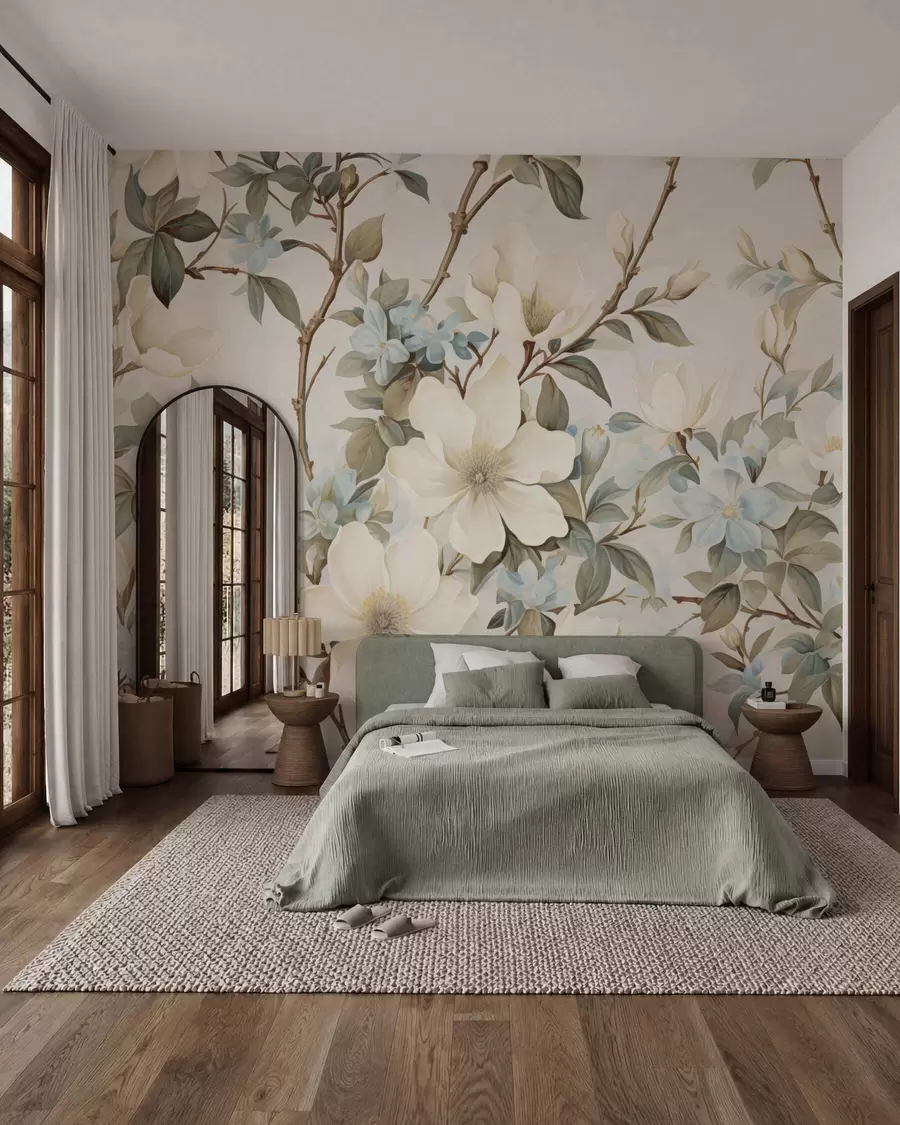 murales de pared Delicadas flores y suaves hojas verdes en un estilo pictórico vintage con sutiles pinceladas w05601