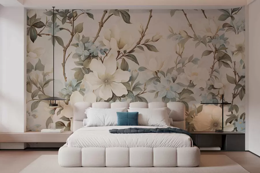murales de pared Delicadas flores y suaves hojas verdes en un estilo pictórico vintage con sutiles pinceladas w05601