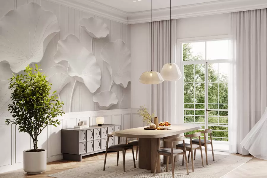 murales de pared Relieve floral escultural en blanco con pétalos superpuestos, un elegante adorno de pared en 3D w05604